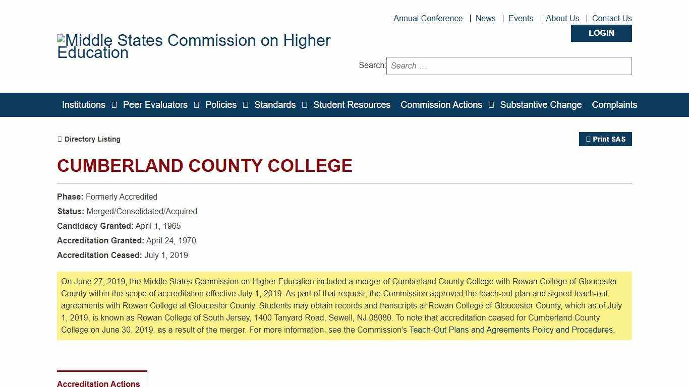 Cumberland County College - Statement of Accreditation Status