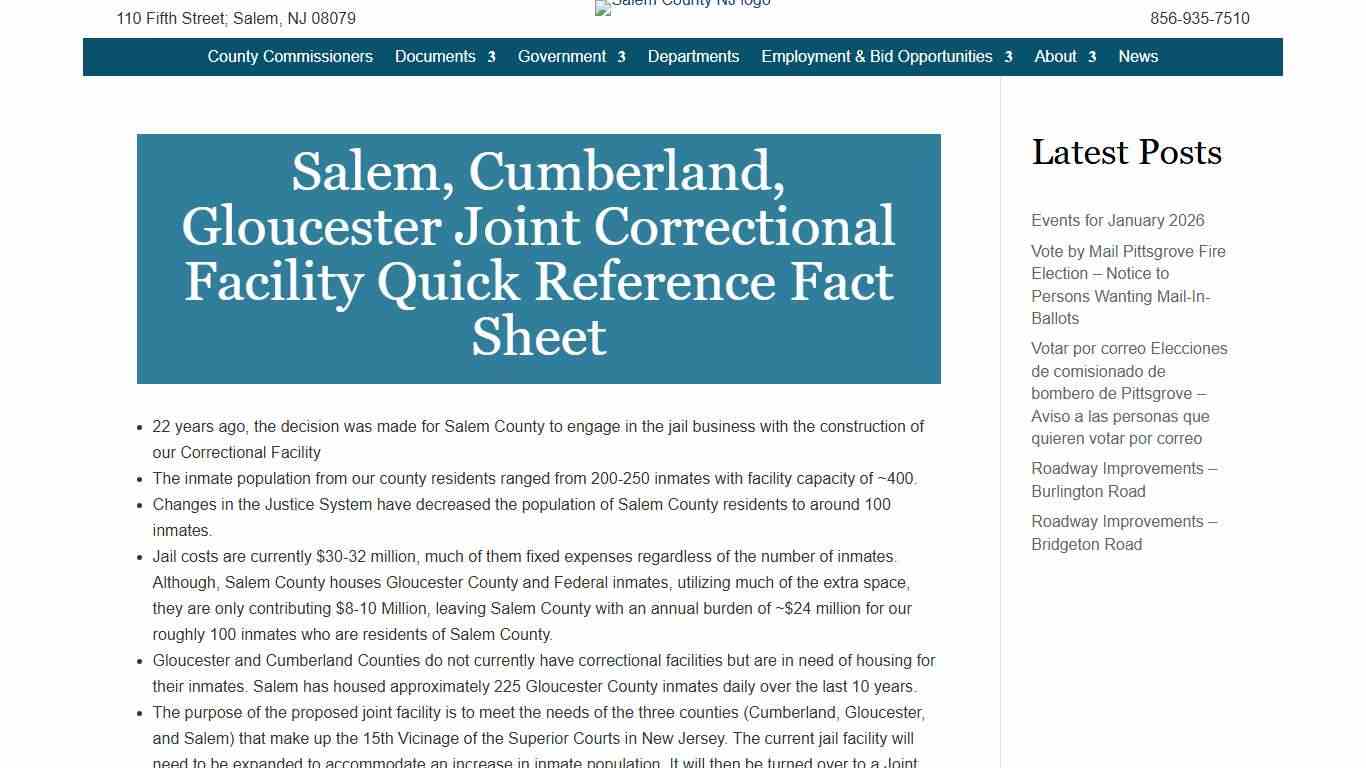 Salem, Cumberland, Gloucester Joint Correctional Facility Quick Reference Fact Sheet | Government Salem County, NJ